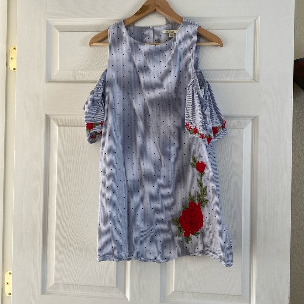 Blue Pinstripe Summer Dress with Rose Detail